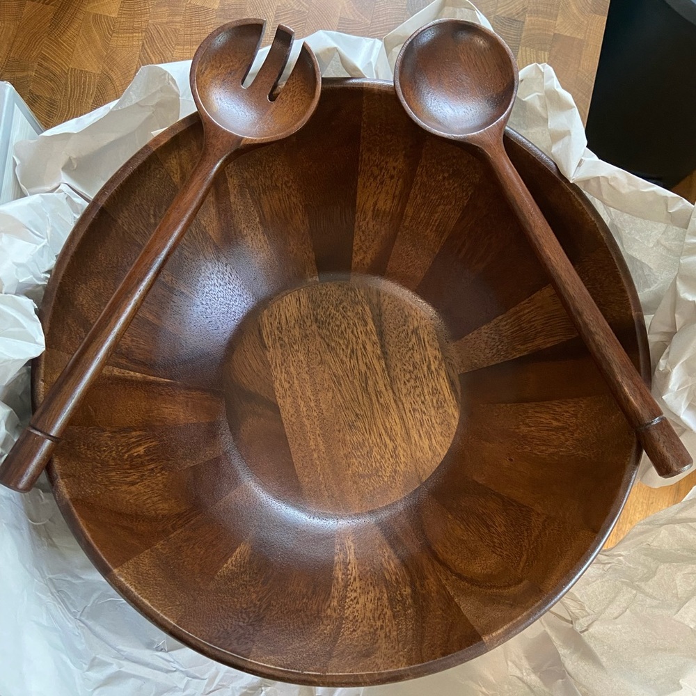 NEW Acacia Wood Salad Bowl & Serving Tools Set Martha Stewart NWB